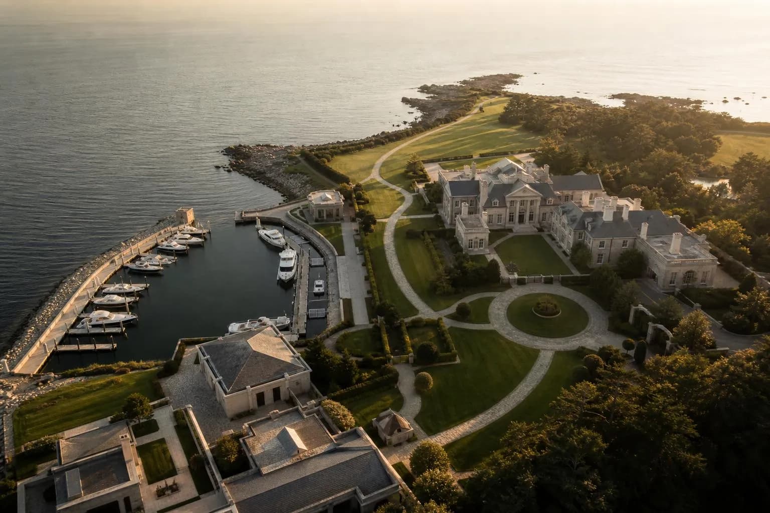 Aerial view of exclusive waterfront estate with moored yachts and manicured grounds at sunset.