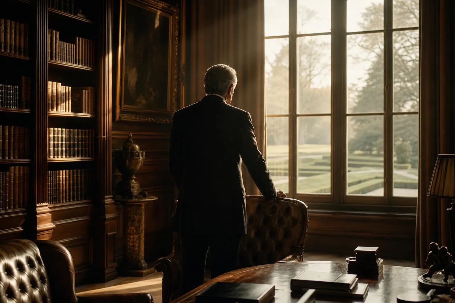 Solitary figure in a grand study overlooking estates, contemplating inheritance and legacy.