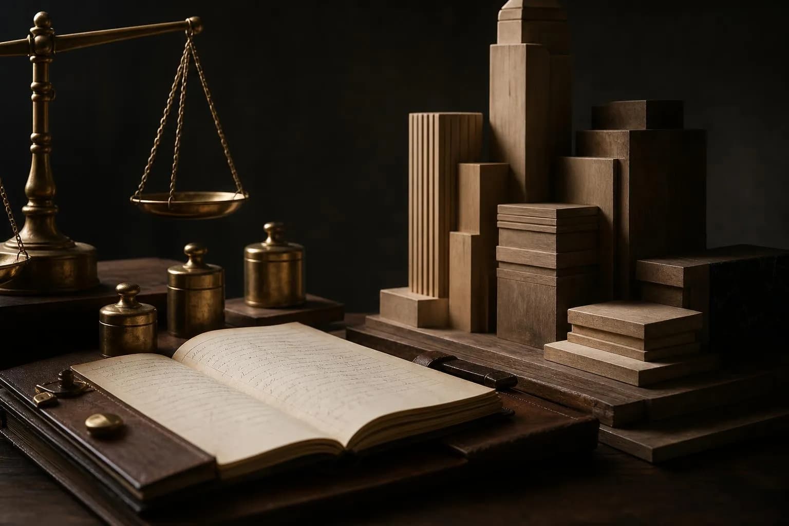 Arranged still life with brass scales, open ledger, and stacked wooden blocks on dark wood, lit with warm directional light