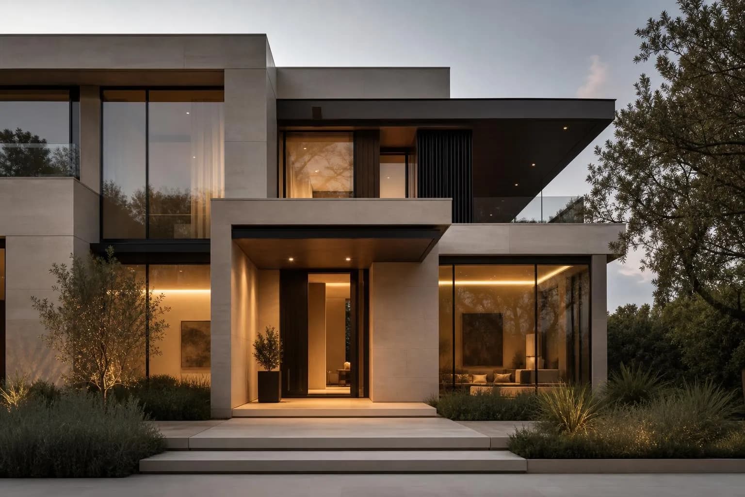 Modern residential architecture with clean geometric lines and glass panels, afternoon light