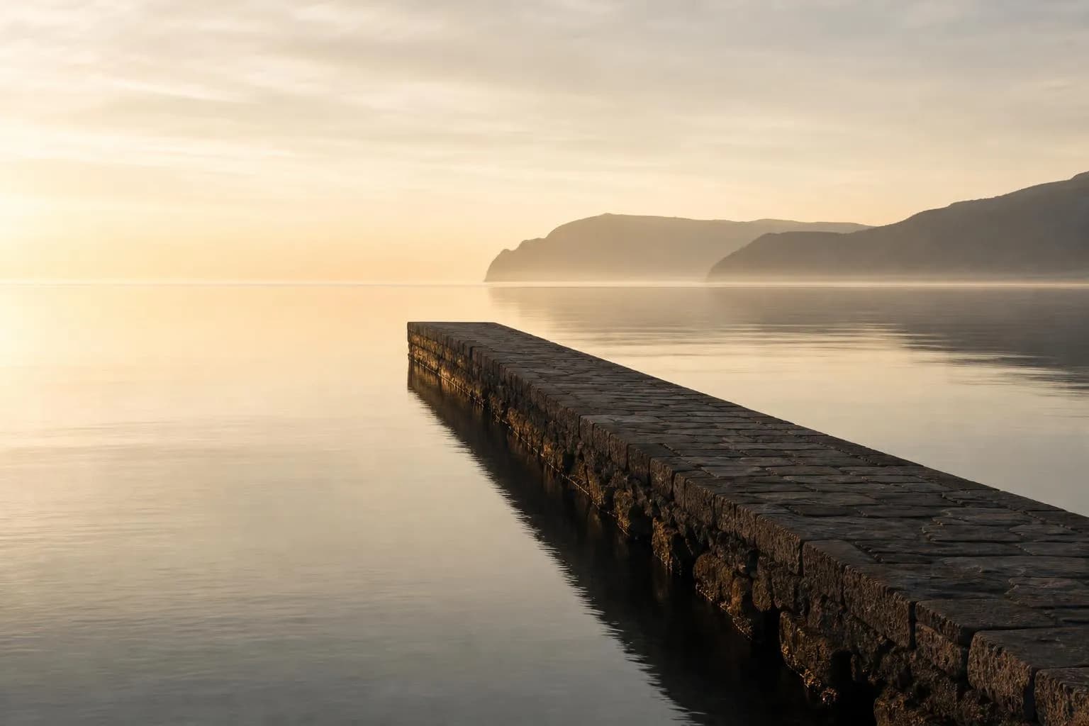 Serene coastal inlet at dawn with still water and distant headland shrouded in mist.