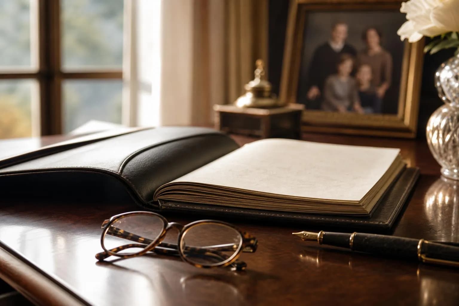 Estate documents and reading glasses on a mahogany desk in soft afternoon light
