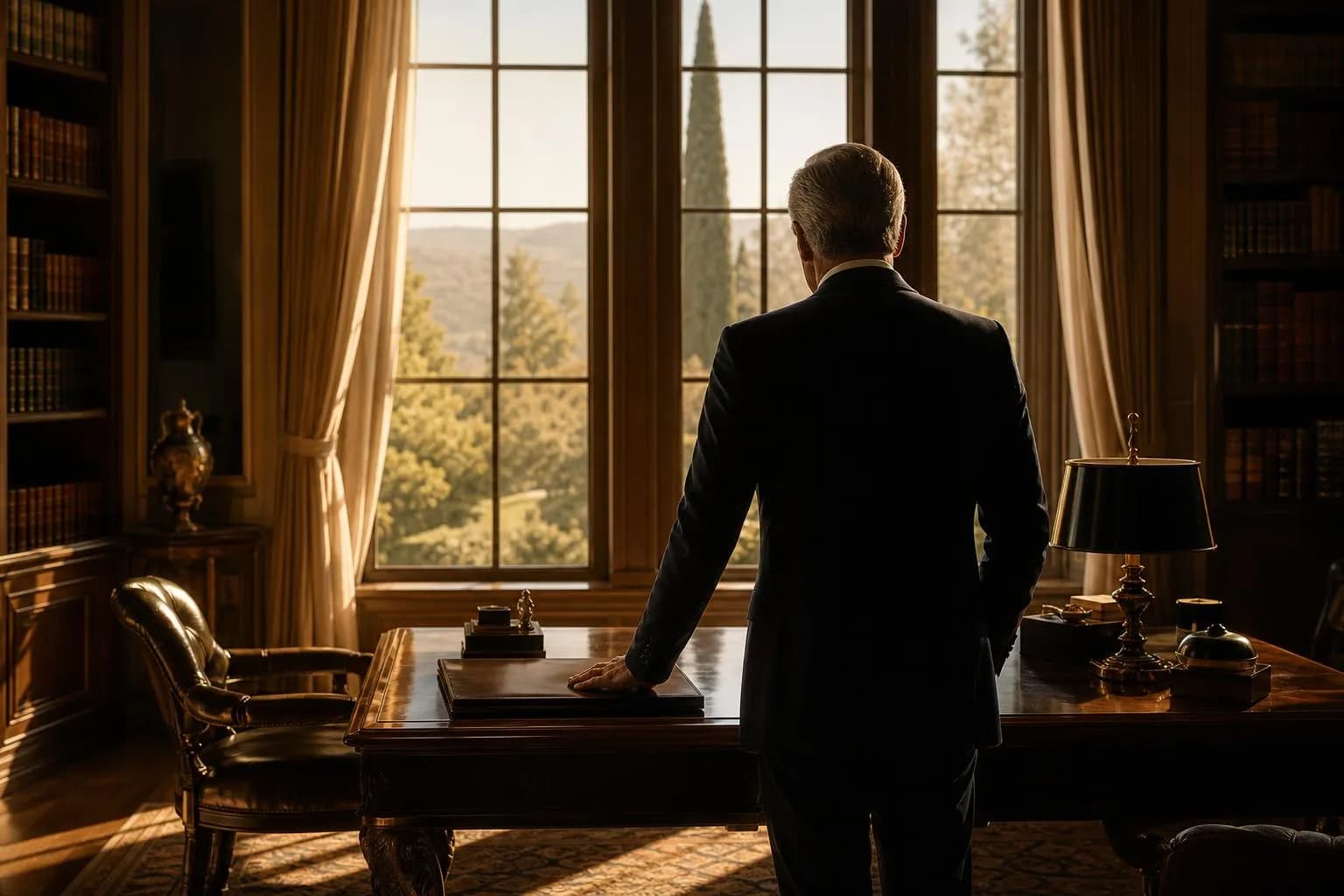 Figure in study, hand on documents, sunlit moment of quiet reflection and decision-making.