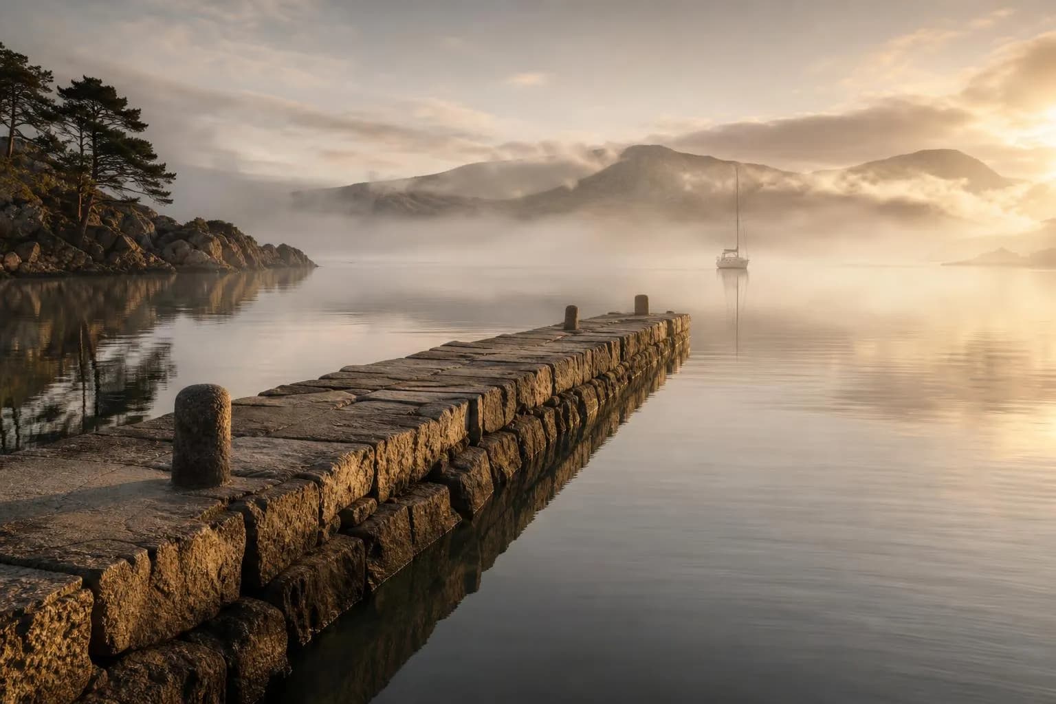 Misty coastal inlet at dawn with distant sailboat and stone jetty, evoking quiet deliberation and legal complexity.