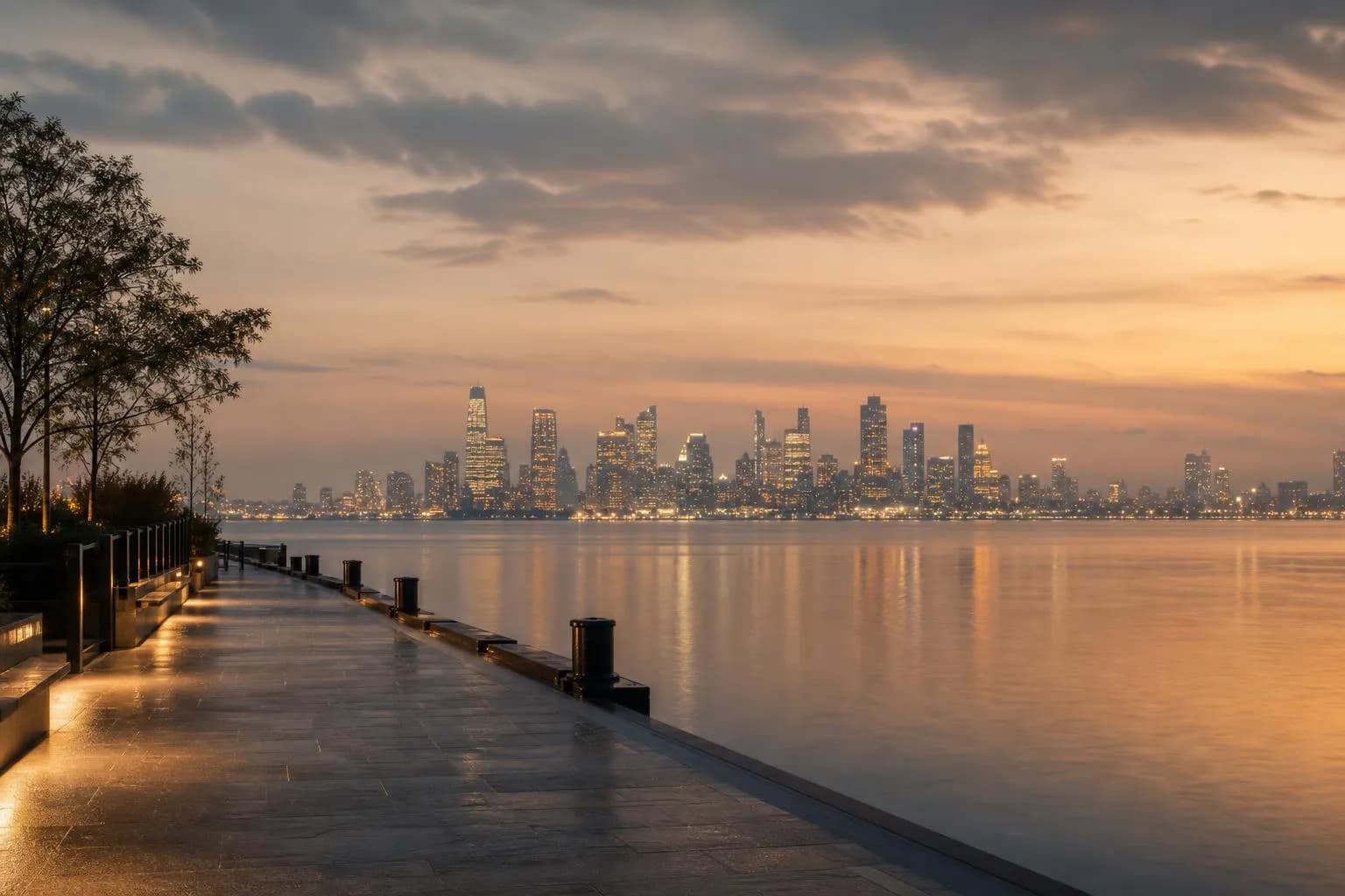 Distant city skyline reflected in calm water at dusk, viewed from a quiet waterfront