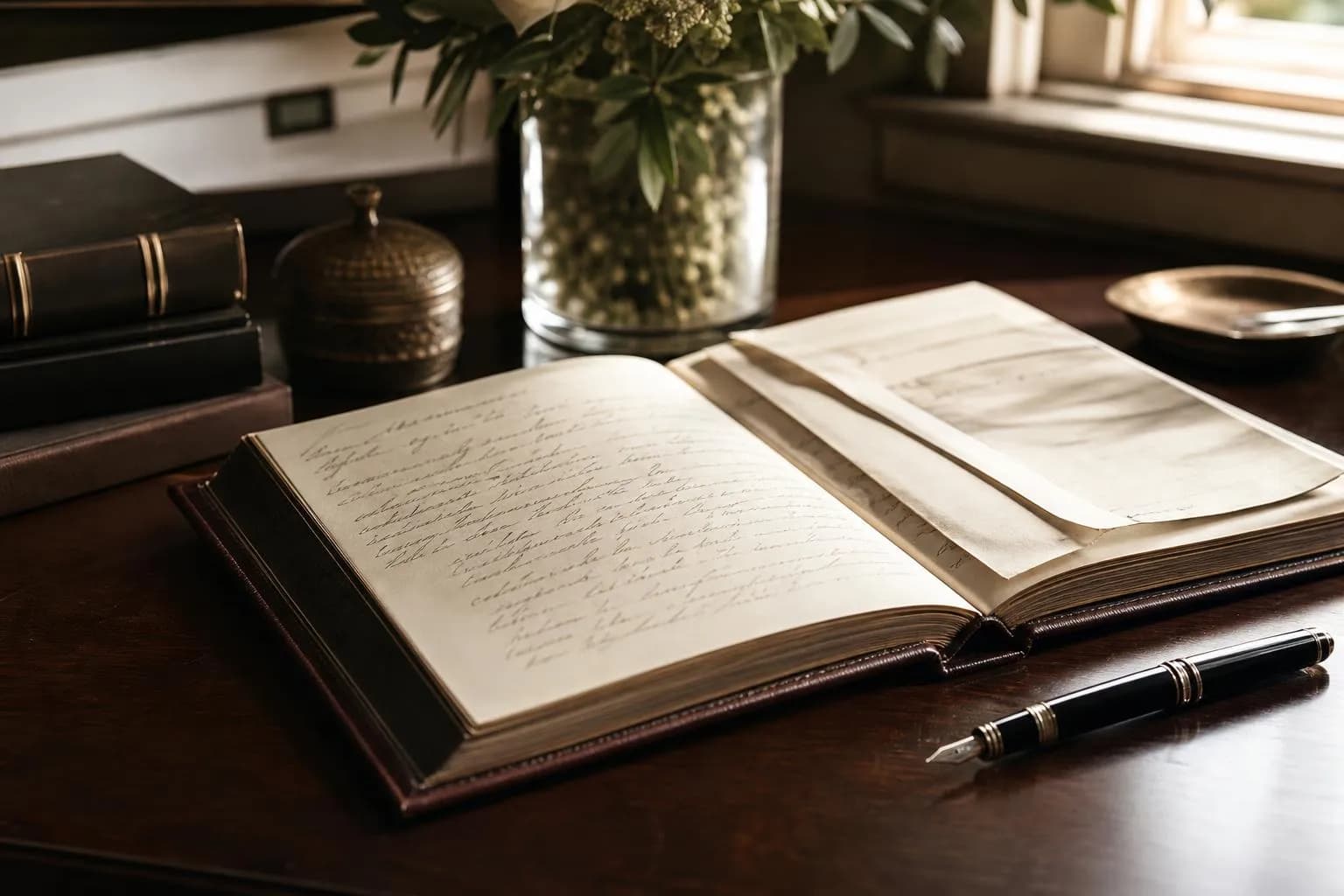 Open leather journal with legal documents and fountain pen on wood surface