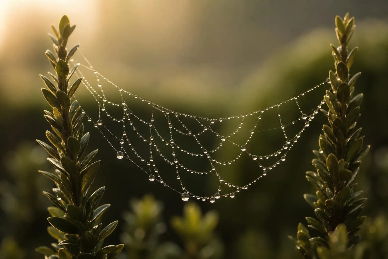Dew drops on a spider web between hedge stems, backlit by warm sunlight