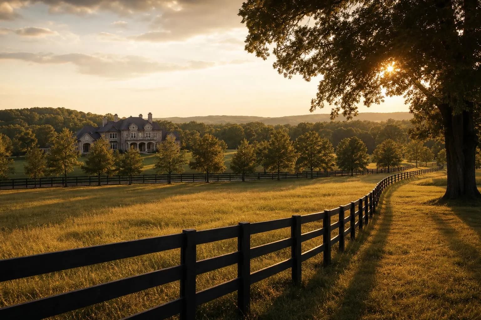 Golden-hour view of a private estate's rolling grounds at dusk, with distant house and tree-lined perimeter.