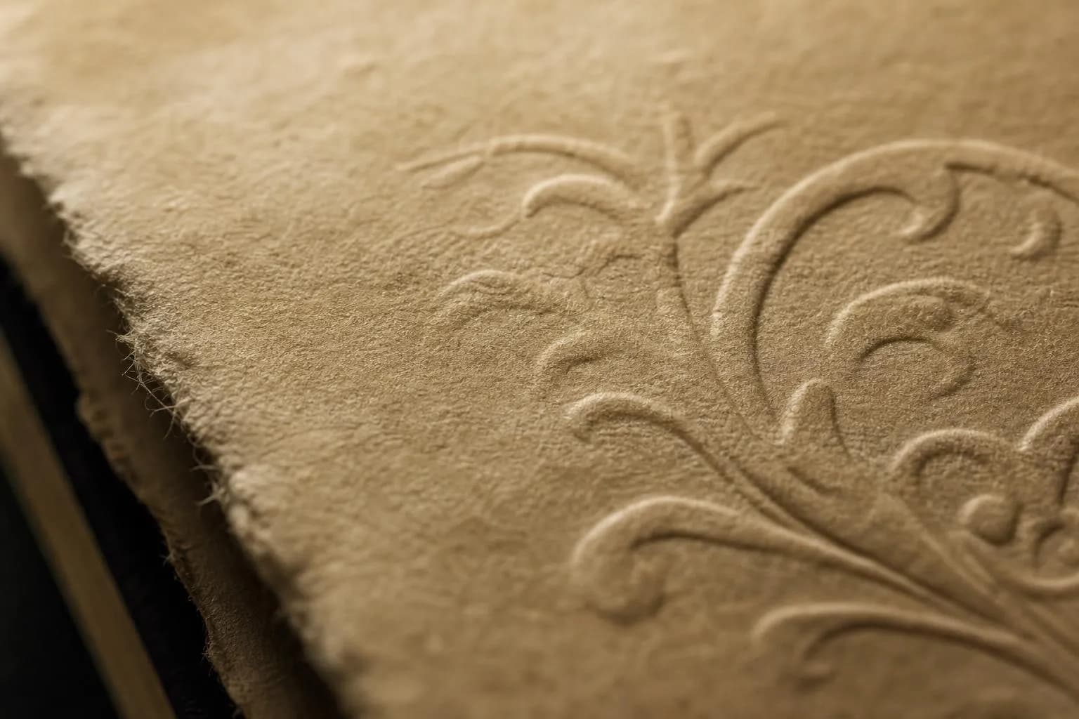 Close-up of embossed text on aged parchment, with dramatic side-lighting emphasizing surface texture