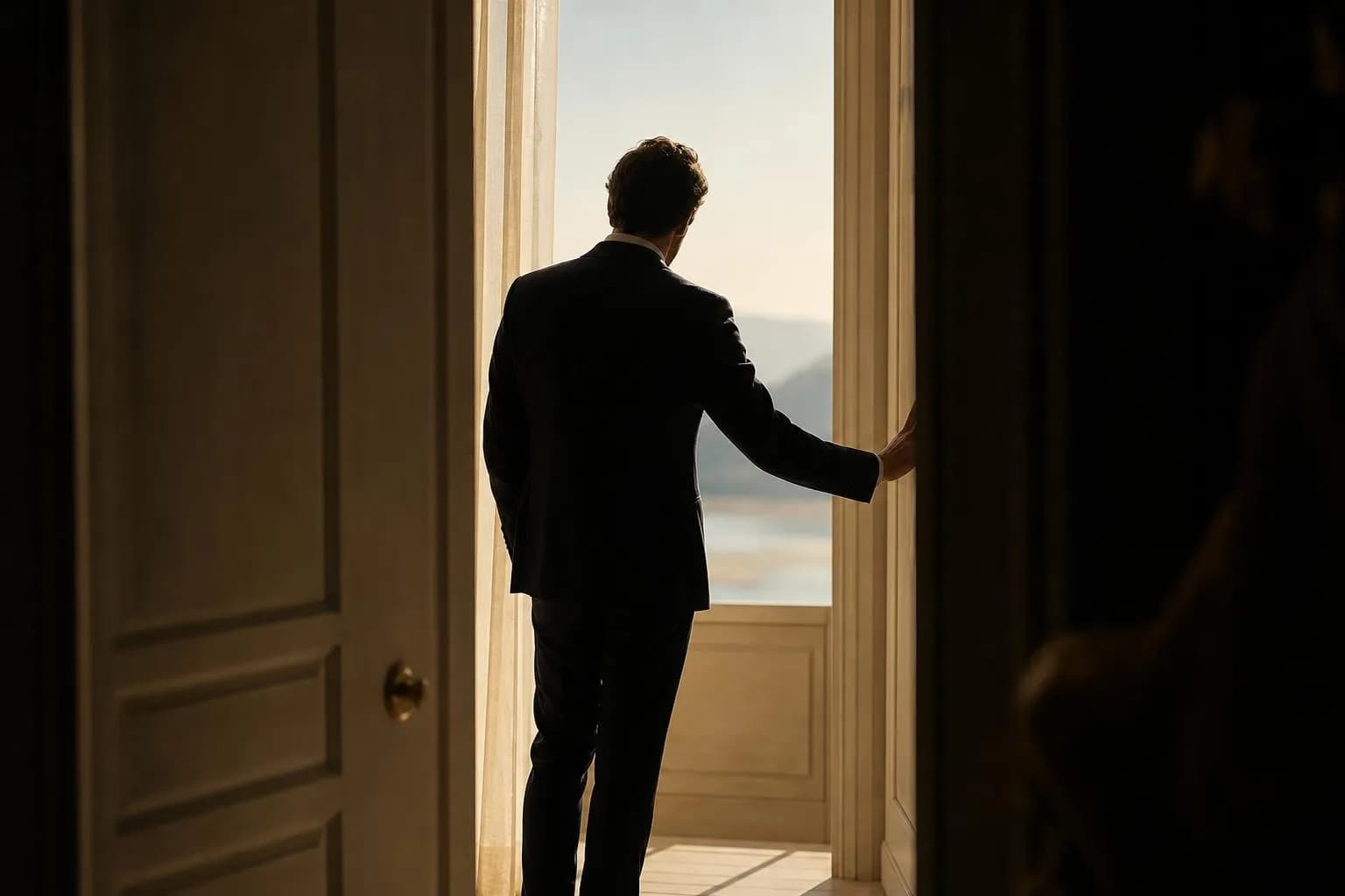 Solitary figure paused at a sunlit threshold, contemplating a decision ahead.