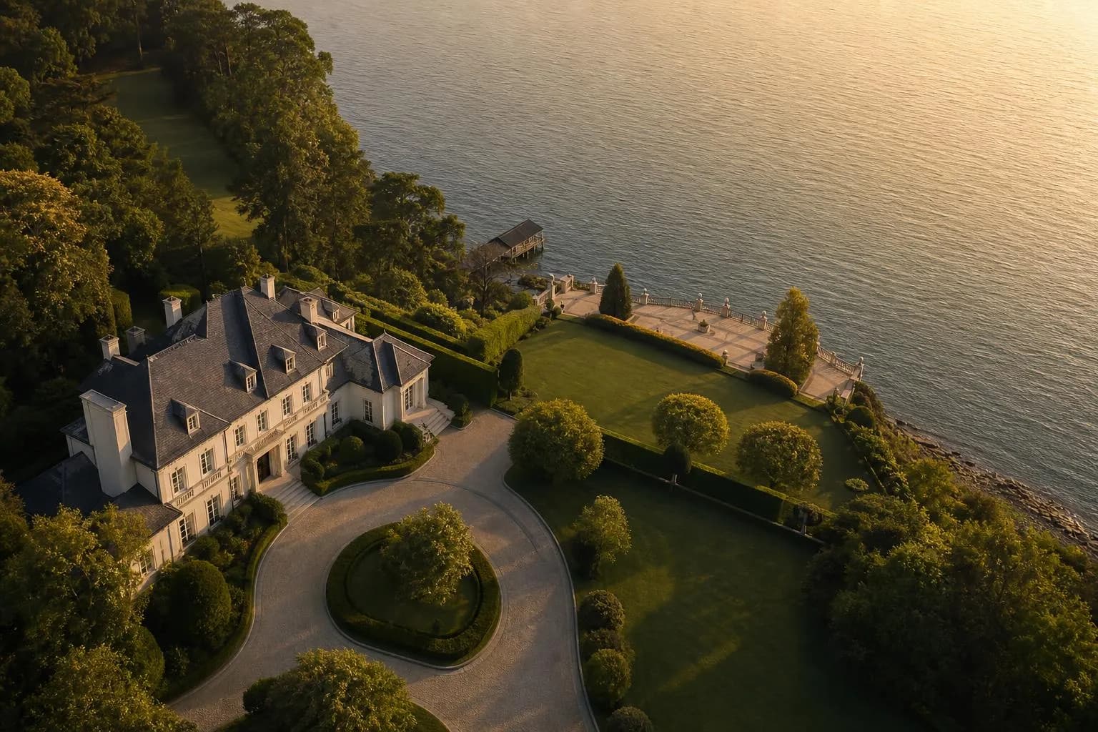 Aerial view of a waterfront estate with organized gardens and curved driveway at sunset.
