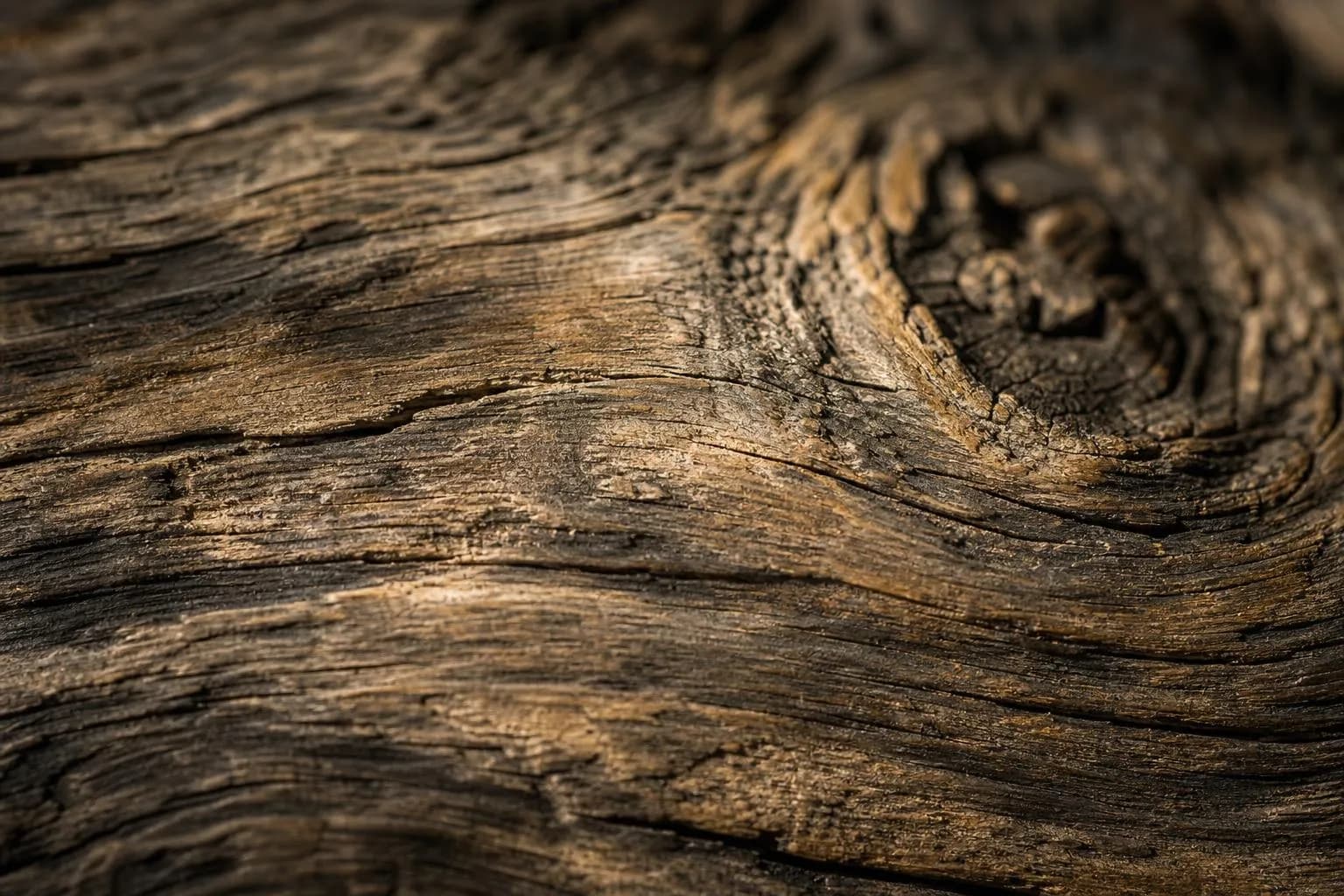 Close-up of aged oak wood grain with warm backlighting, revealing deep texture and layered patina
