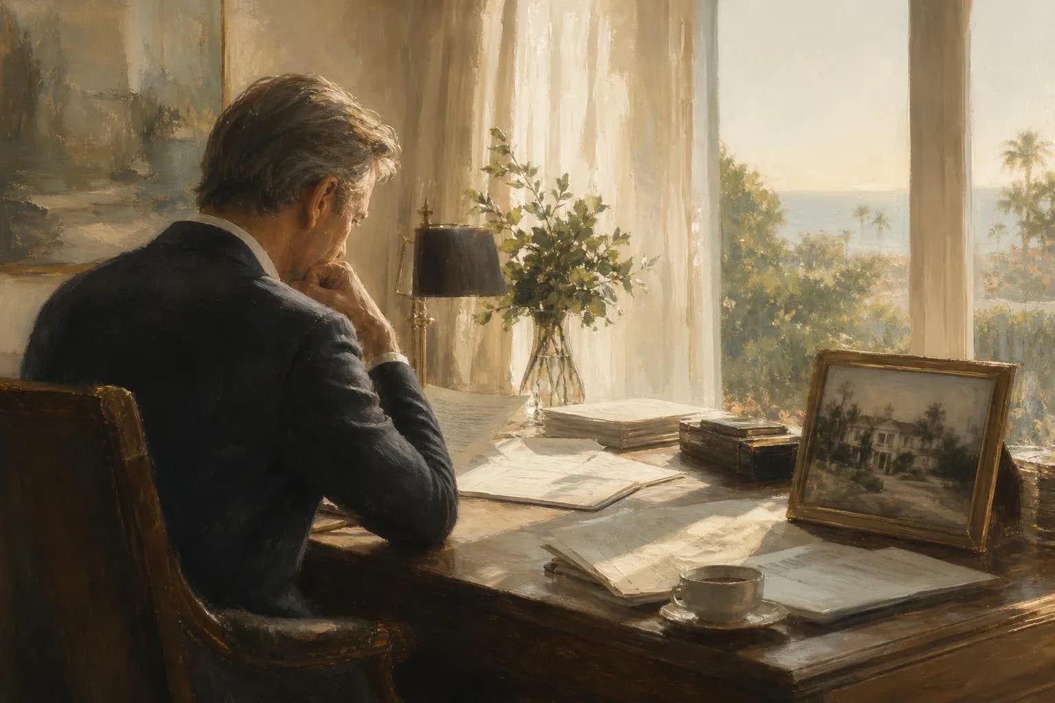 Soft-focus study with property documents and filtered afternoon light, rendered in muted, impressionistic tones