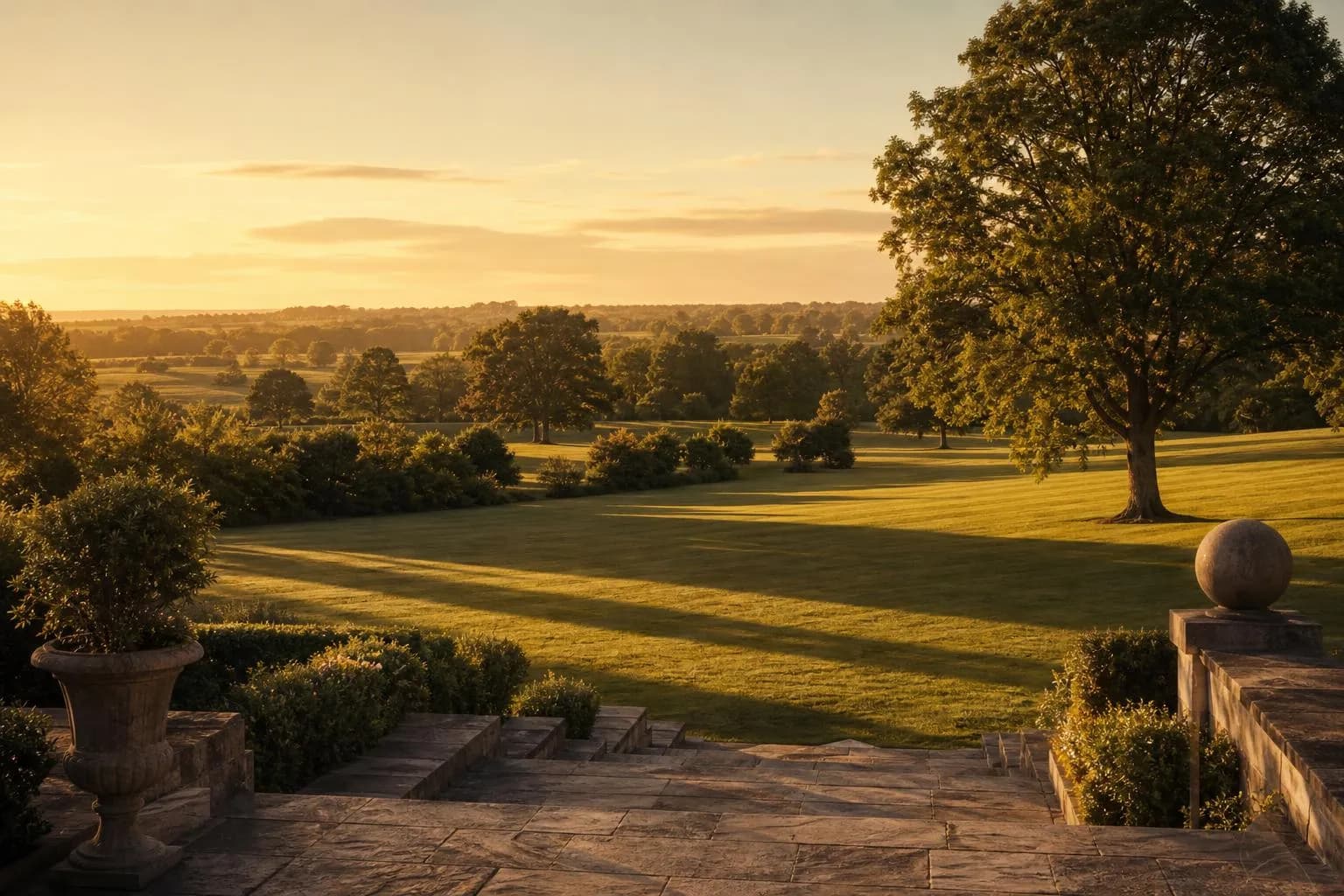 Golden-hour view across an expansive private estate, with terraced grounds and distant tree lines bathed in warm sunset light.