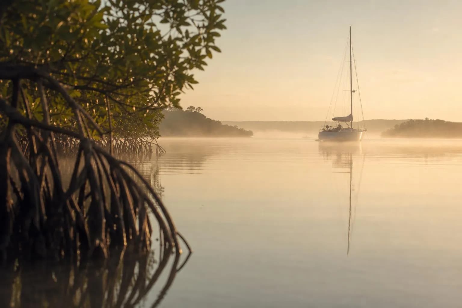 Misty lagoon at dawn with a distant sailboat and mangrove shoreline, serene and understated.