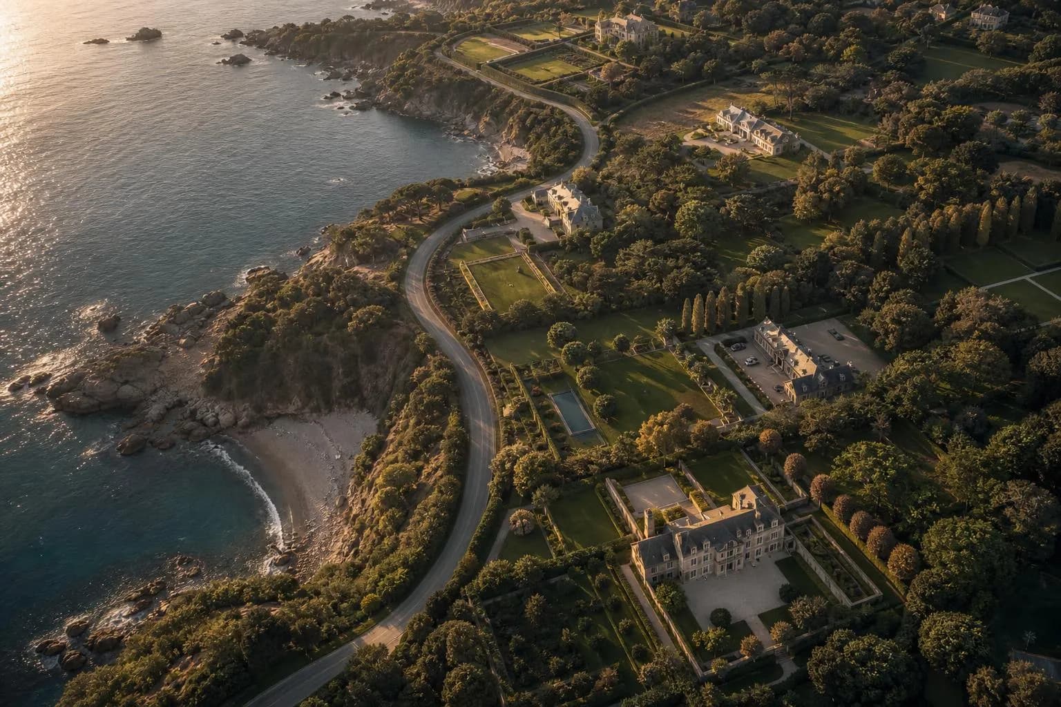 Aerial view of manicured coastal estate with winding roads and geometric property divisions at golden hour.