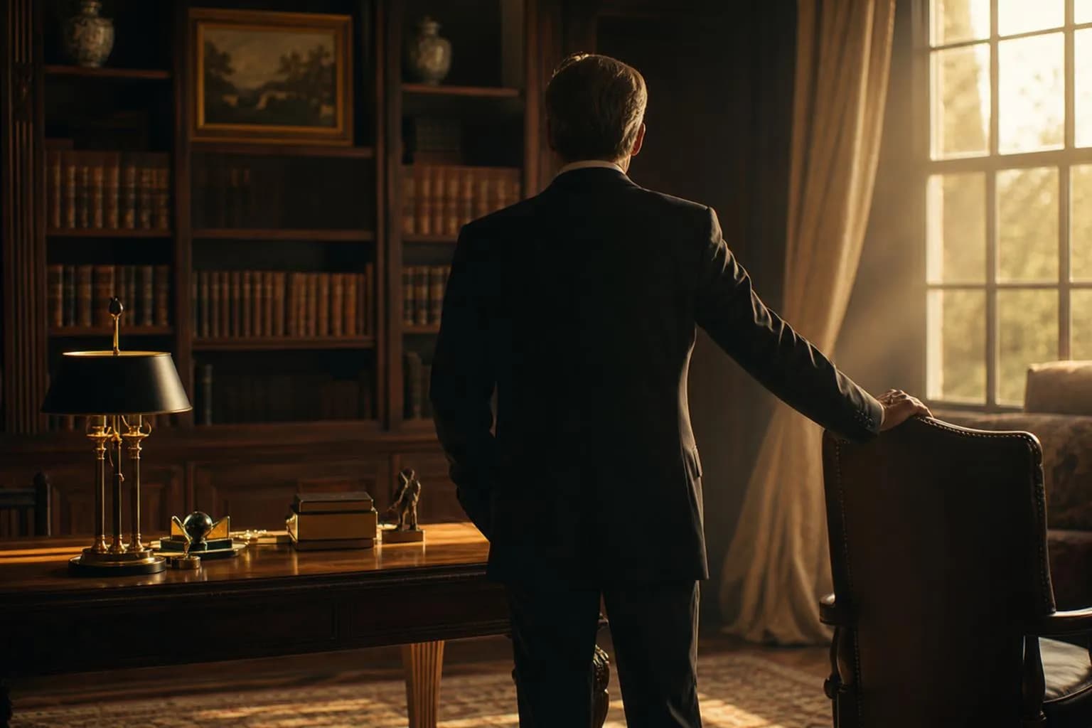 Solitary figure in a sunlit study room, hand on empty chair, soft light across furniture.