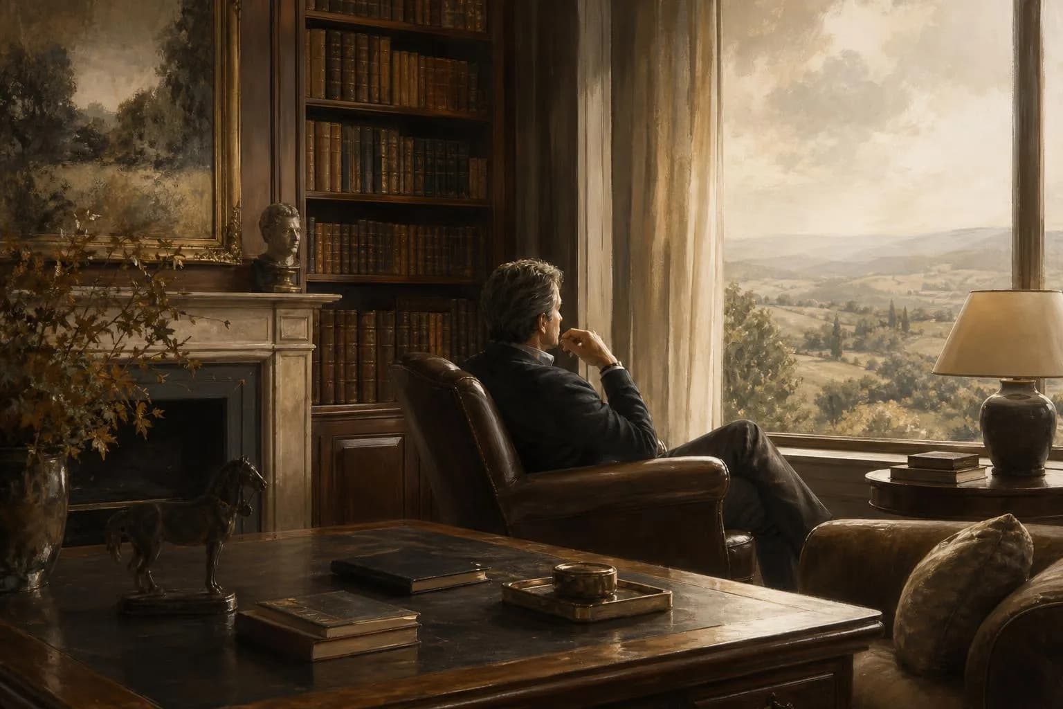 Quiet study interior with books and countryside view, rendered in soft muted tones