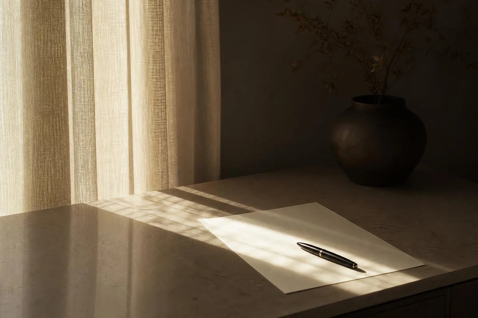 Warm sunlight through sheer curtains casting soft patterns on a minimal desk surface