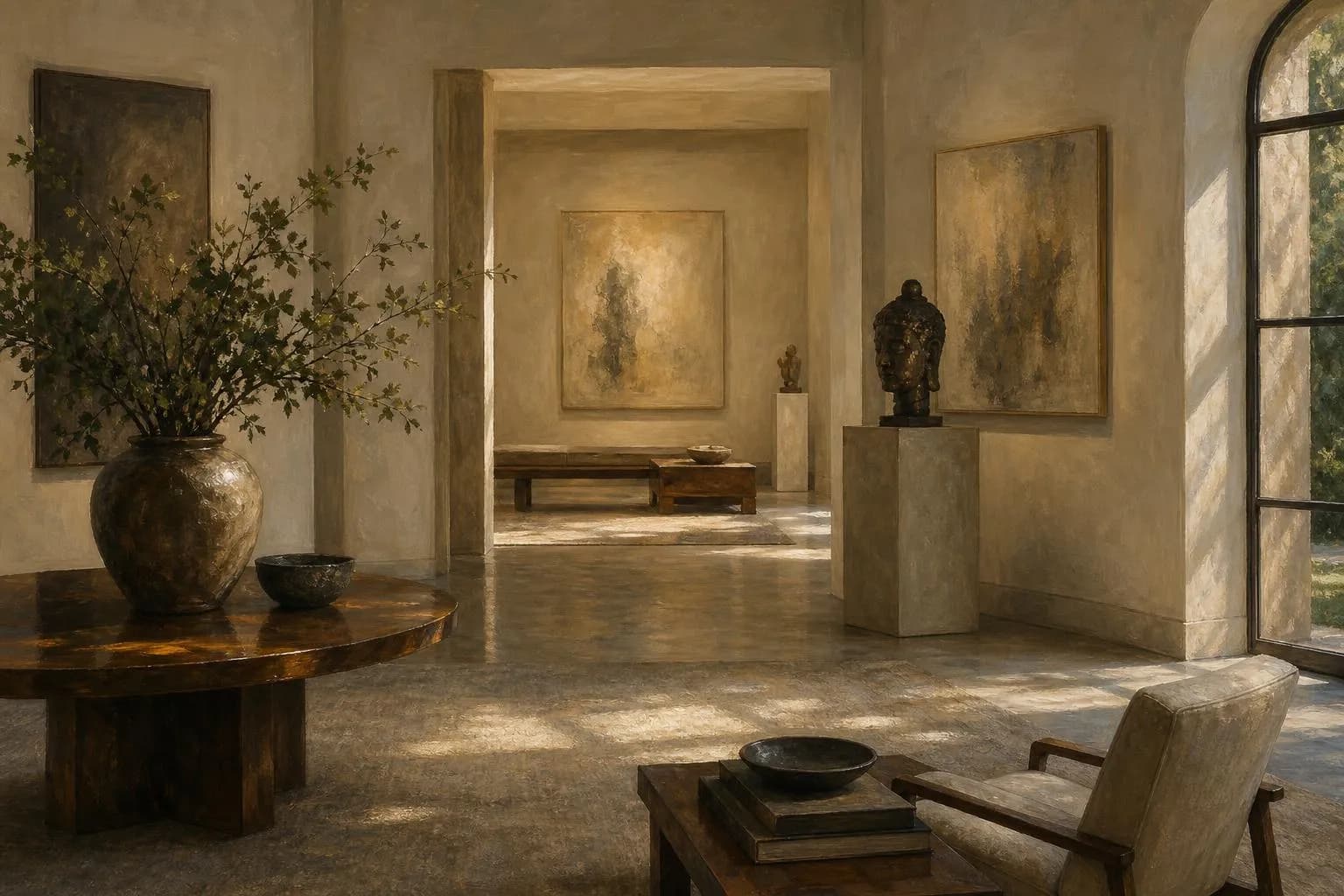 Softly lit gallery interior with curated objects, warm light, and muted palette suggesting refined taste.