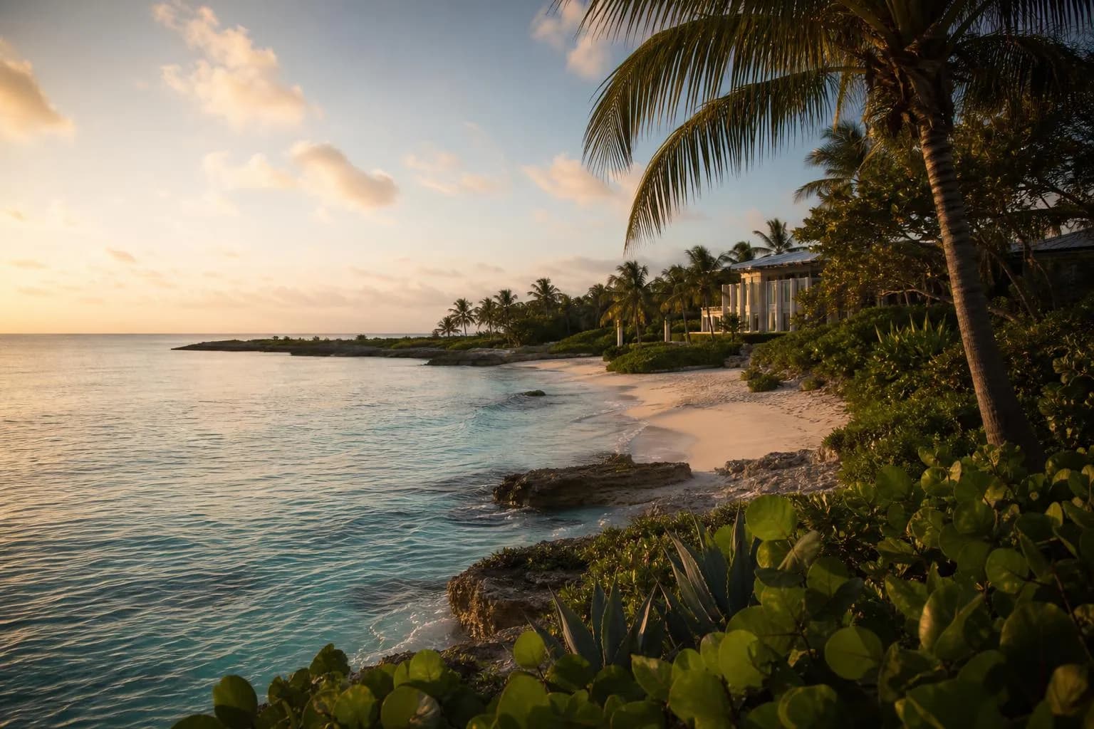 Calm turquoise waters and sandy beach of the Cayman Islands at sunset, with tropical vegetation and distant residential architecture.