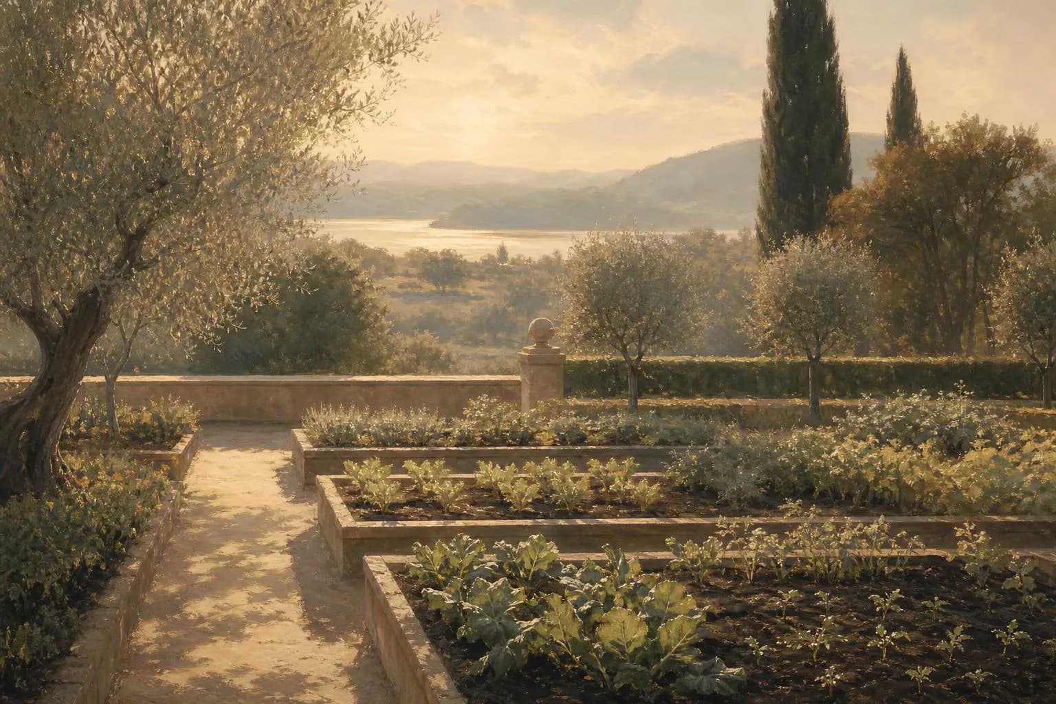 Impressionistic garden scene in muted tones, golden hour light, suggesting growth and patient capital.