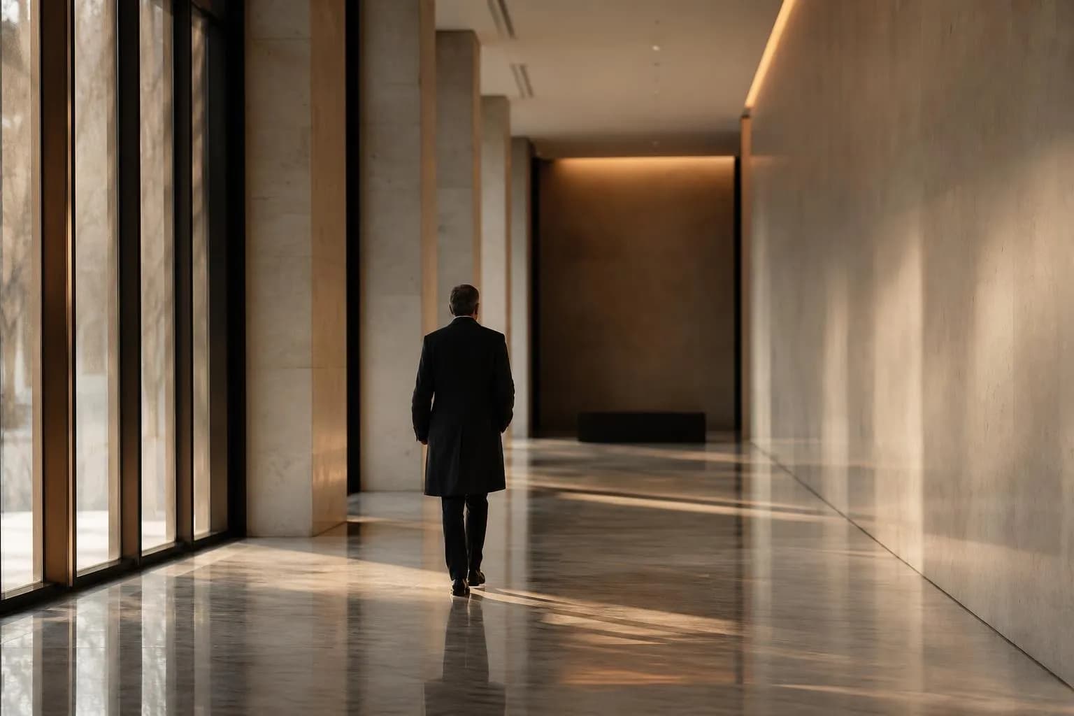 A figure in an overcoat walks alone through a modern institutional corridor with marble floors and soft light.