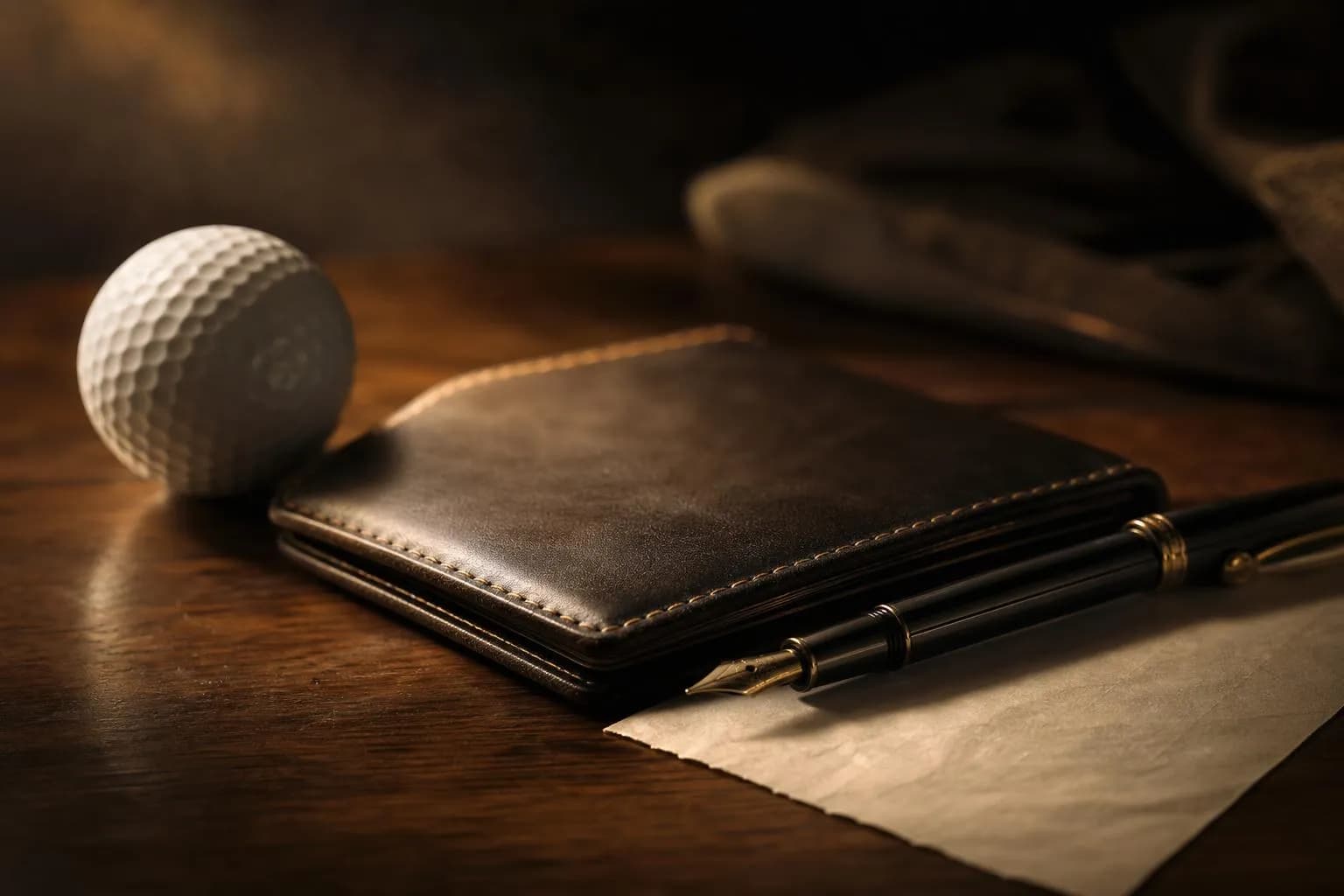 Golf ball, scorecard holder, pen, and receipt arranged on wood surface in soft light
