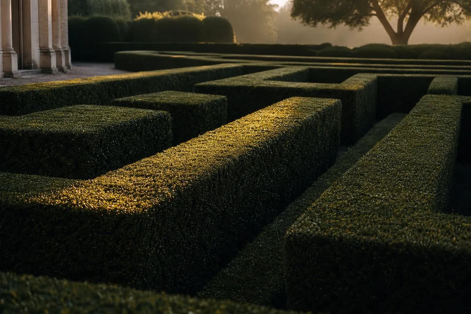 Sunlit formal hedge garden with geometric precision and shadow structure