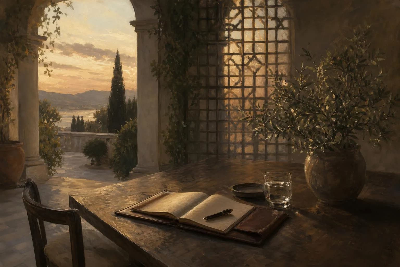 Peaceful garden loggia at dusk with desk, journal, and filtered light—quiet operational order.