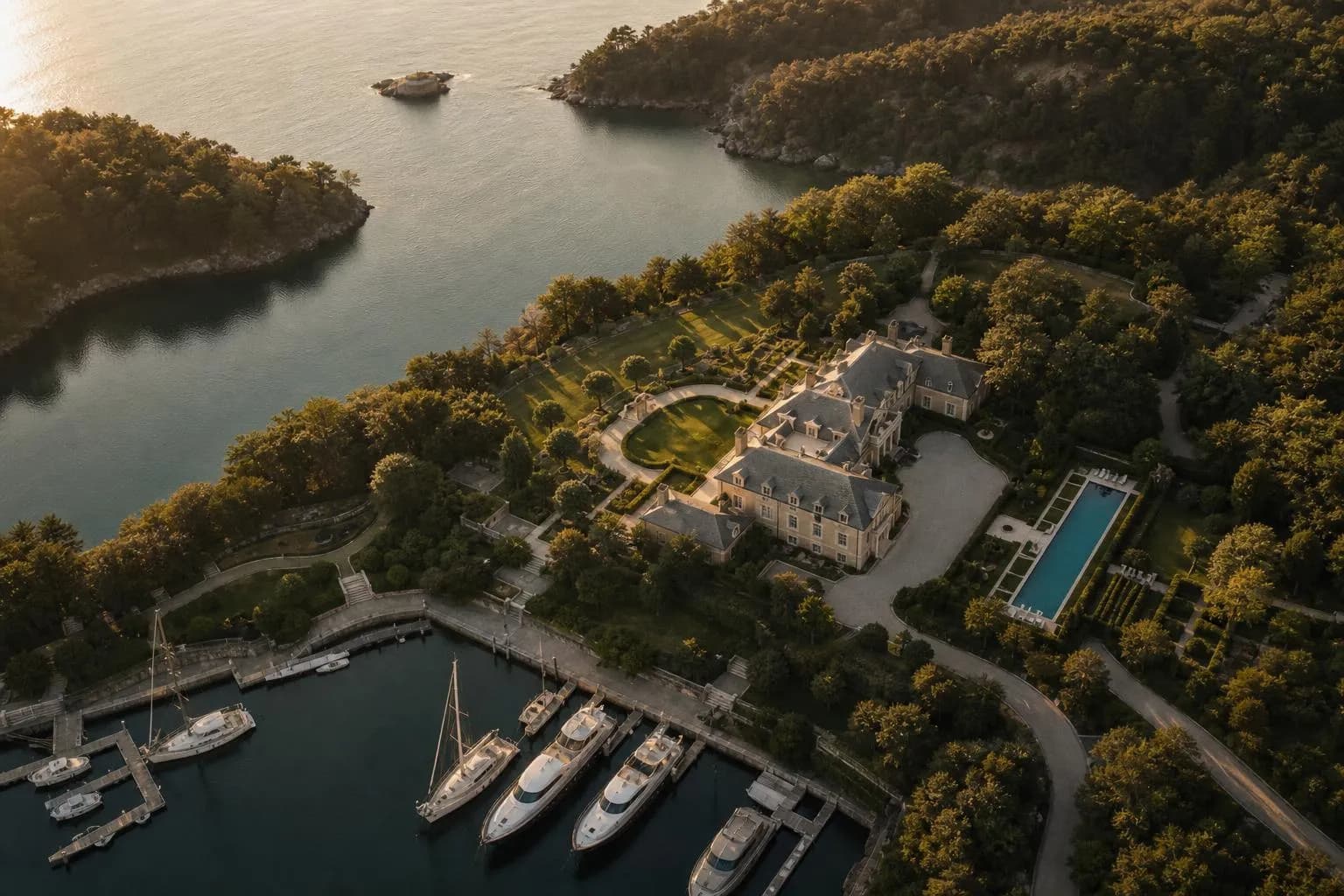 Aerial view of an exclusive waterfront estate with private marina, manicured grounds, and sheltered cove.