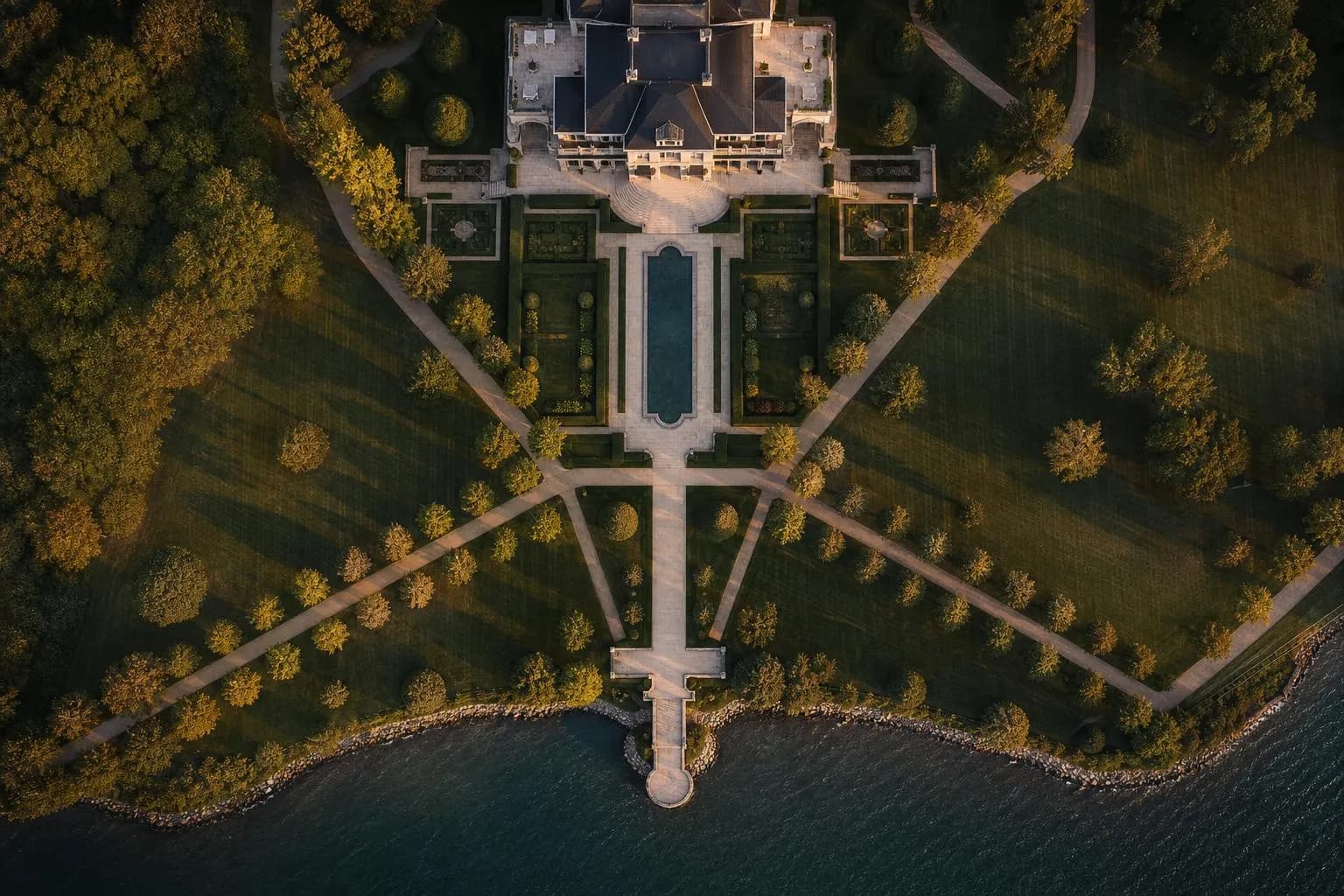 Aerial view of an elegant waterfront estate with symmetrical gardens and reflecting pool at sunset
