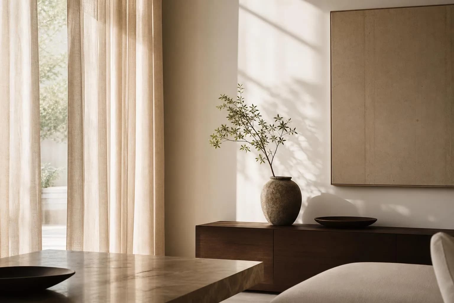 Minimalist interior with soft sunlight streaming through sheer curtains, creating subtle shadows and geometric patterns on a white wall.
