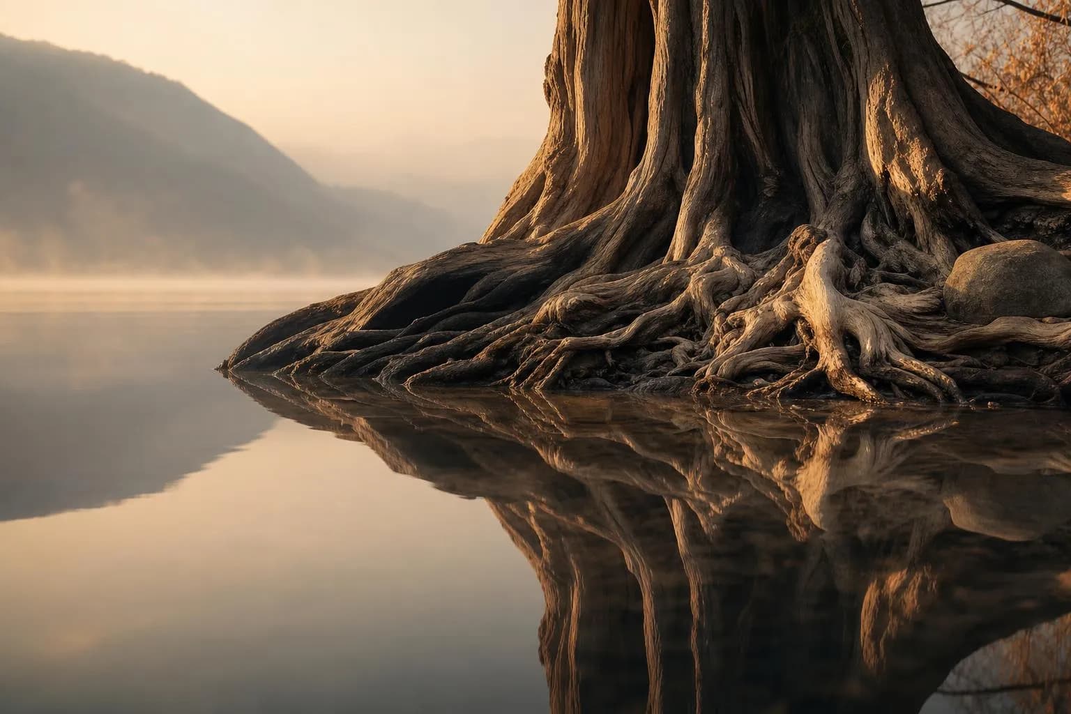 Ancient tree roots and trunk reflected in still water, symbolizing hidden operational infrastructure.
