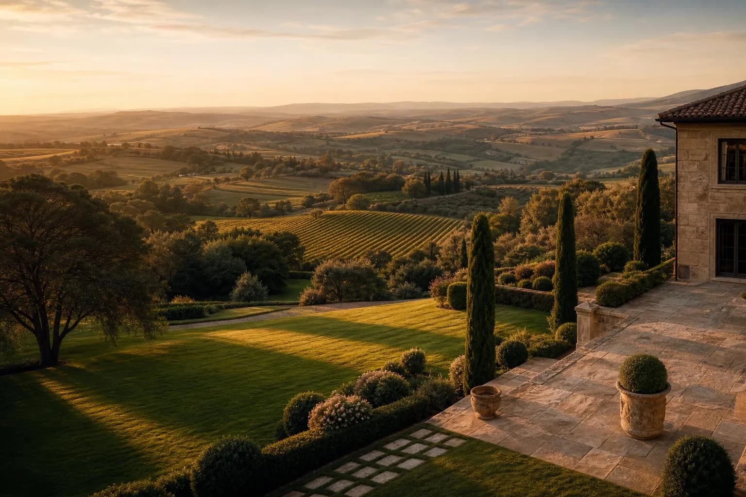 Rolling estate grounds at golden hour, with vineyards and countryside in the distance under warm, lateral light.