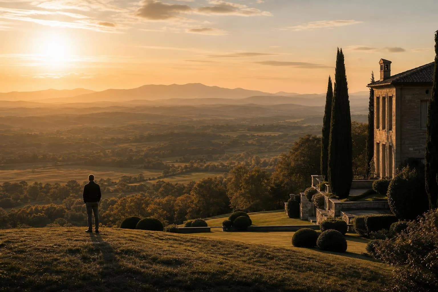 Solitary figure overlooking expansive private estate grounds at sunset, golden light across rolling landscape.