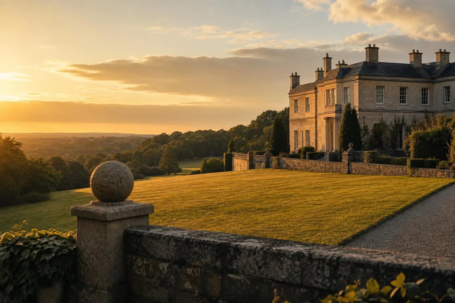 Golden-hour estate grounds with stone boundary marker, suggesting the limits of protection.