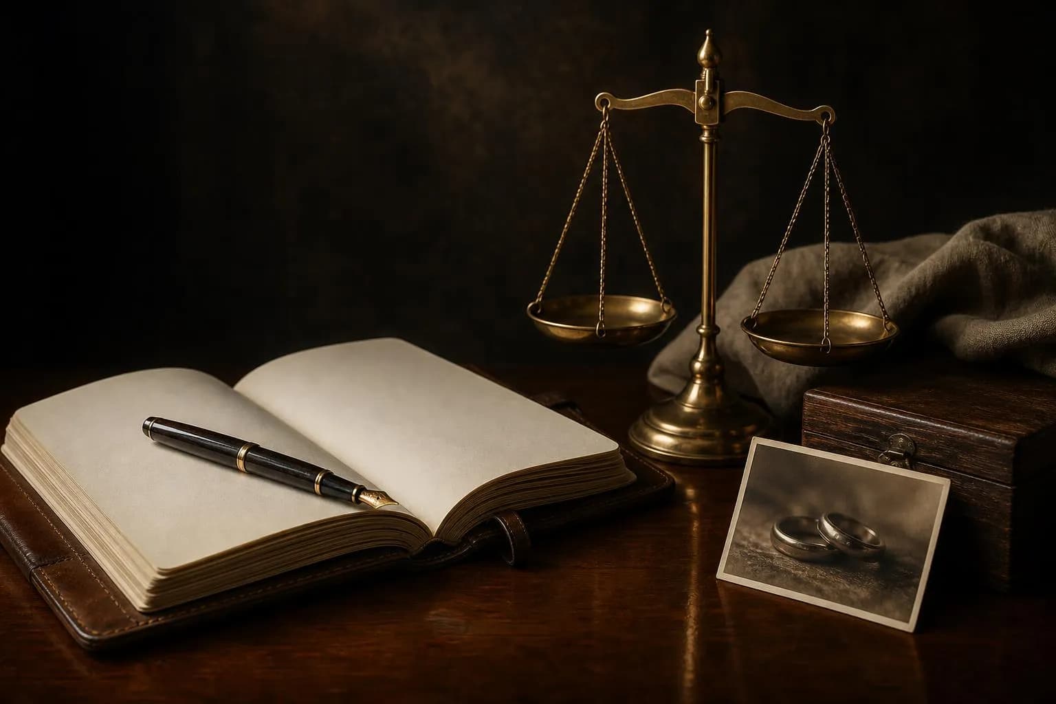 Still life: open journal, fountain pen, balanced scales, wedding rings, and wooden box on aged wood surface.