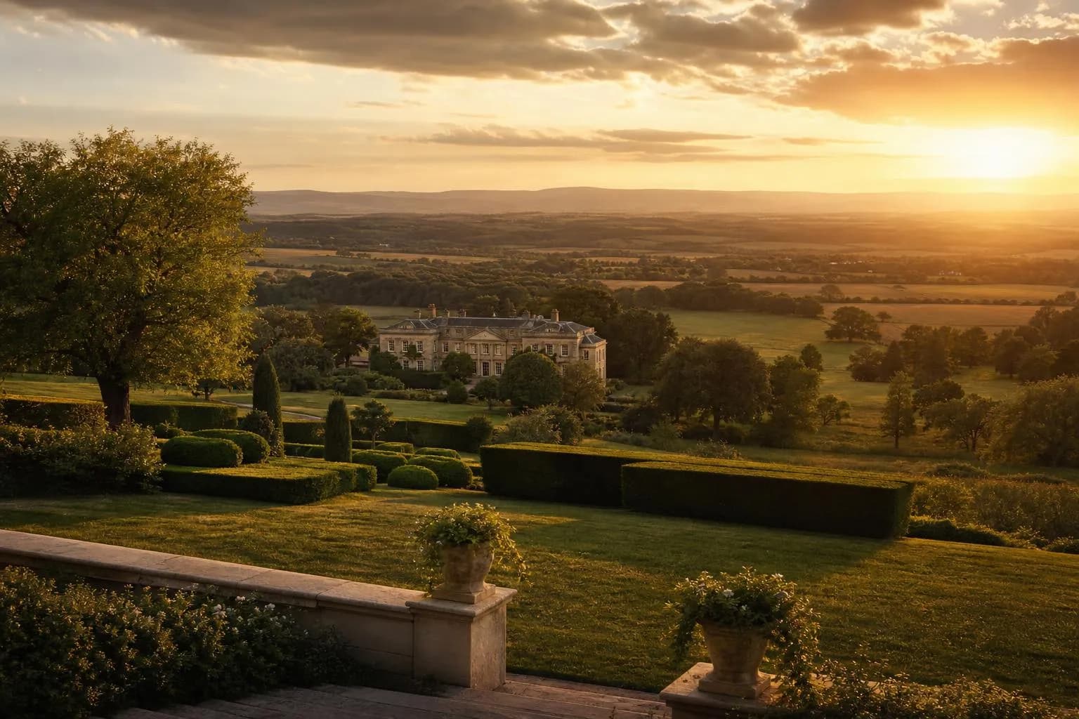 Golden-hour landscape of a private estate with rolling grounds and distant residence at sunset