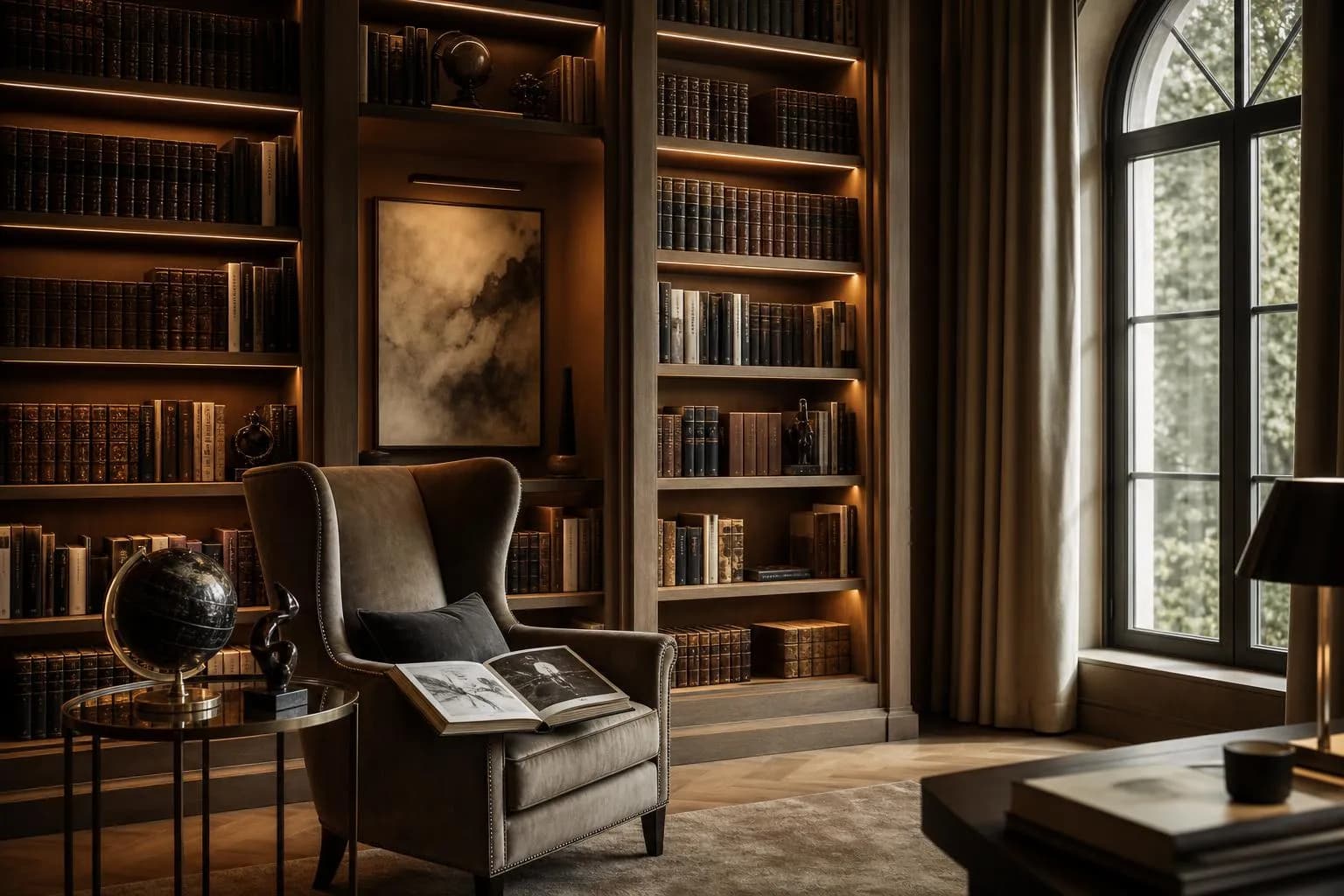 A quiet private library with wingback chair and open portfolio, warm ambient lighting, dark wood shelves and leather volumes