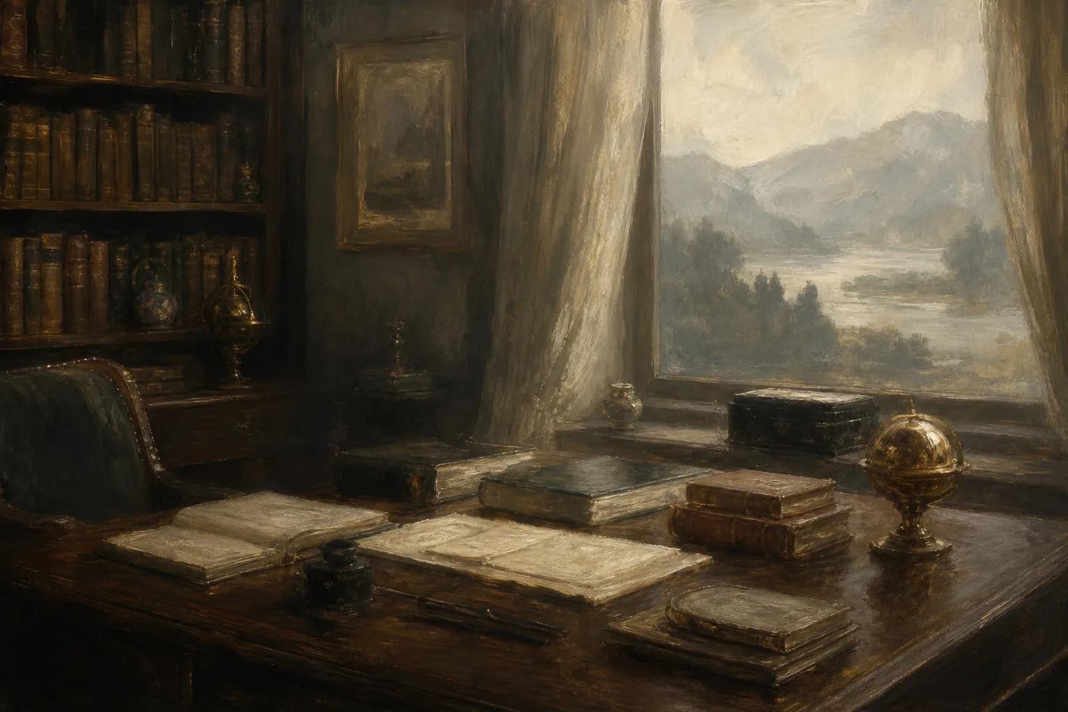Impressionistic study with papers and books on a desk overlooking a misty landscape, rendered in soft grays and muted greens.