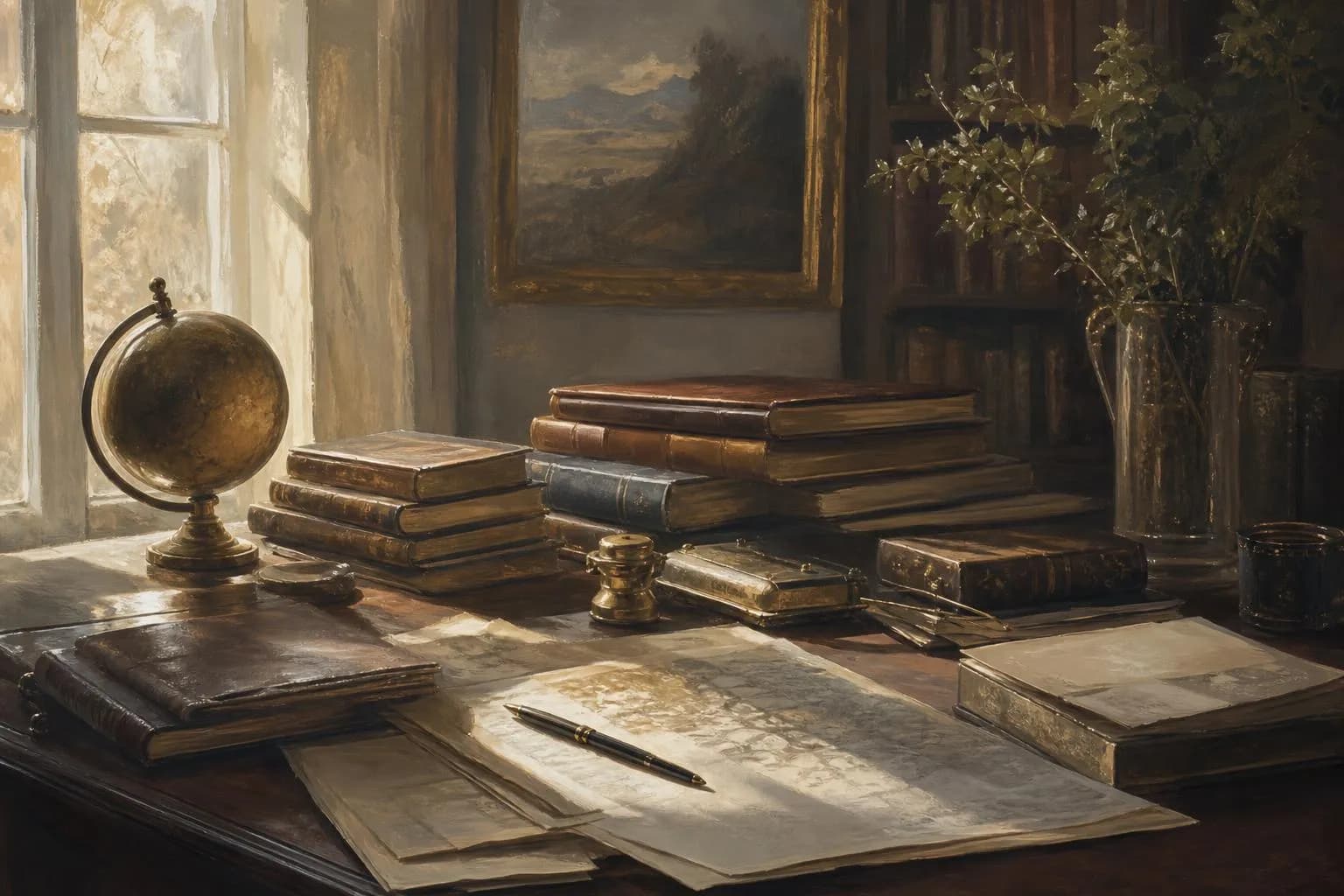 Soft-focus study corner with documents and leather volumes in warm, muted tones and dappled light.