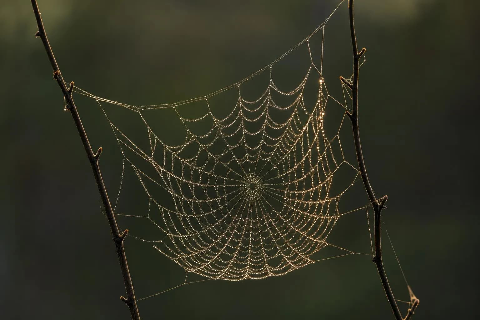 Close-up of dewdrops on a spider's web between branches, lit by soft morning light