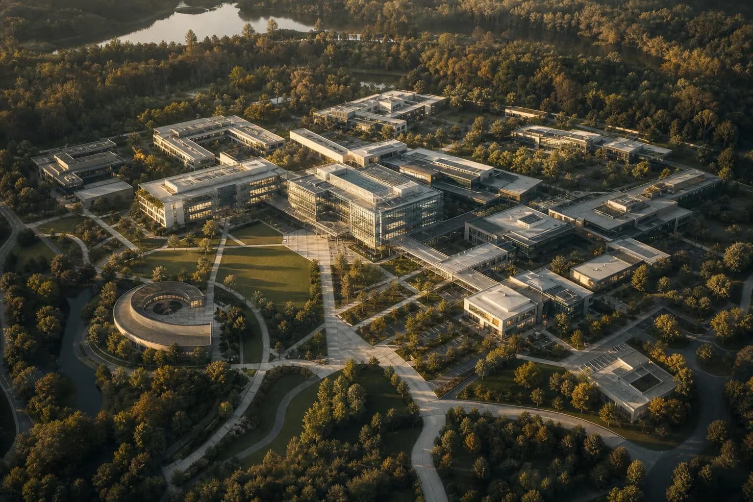 Overhead view of an integrated biotech research campus with glass buildings and manicured grounds arranged in a strategic constellation.