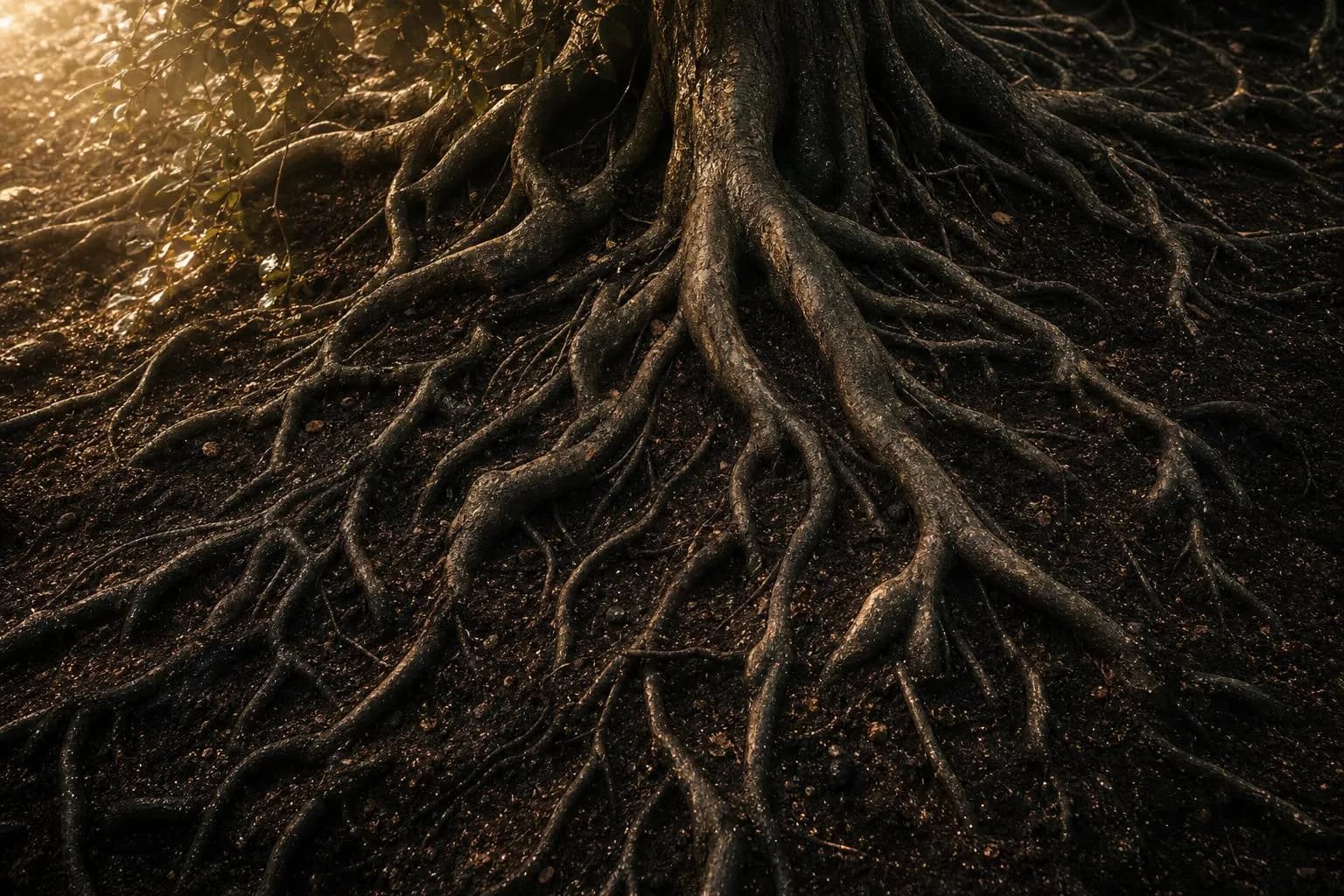 Mature tree roots spreading directly into soil, morning dew glistening, symbolizing direct ownership and growth without intermediaries.