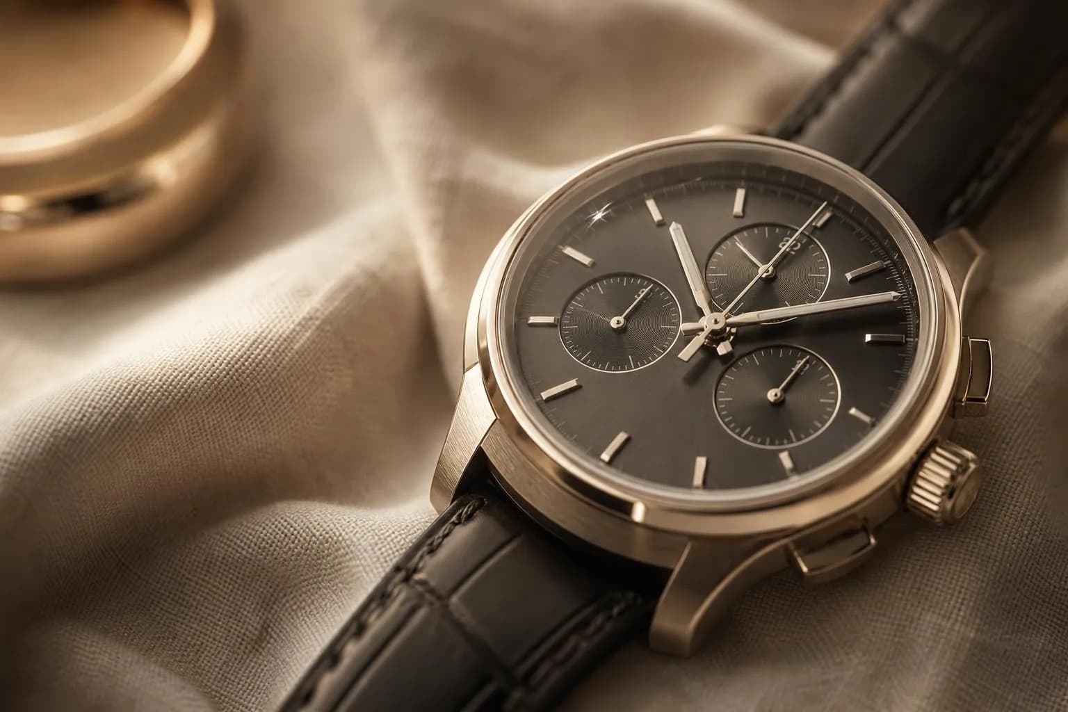 Detail of a luxury chronograph watch on cream linen, soft directional light