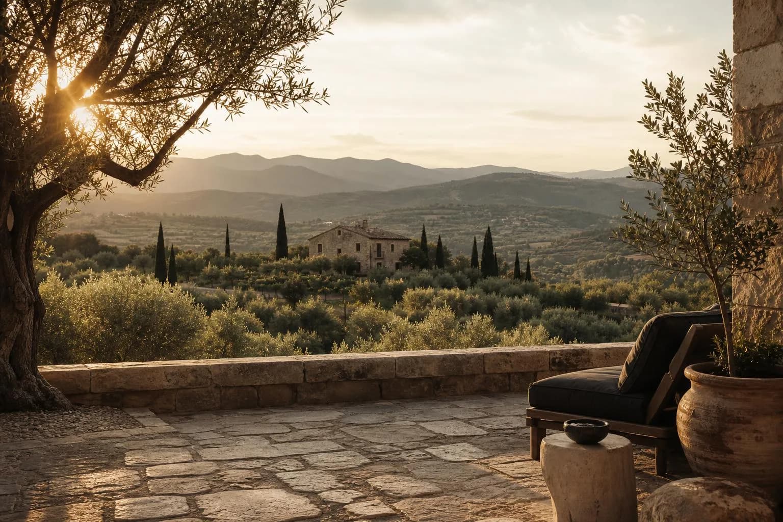 Mediterranean villa at golden hour, stone terrace and olive groves in warm, muted light