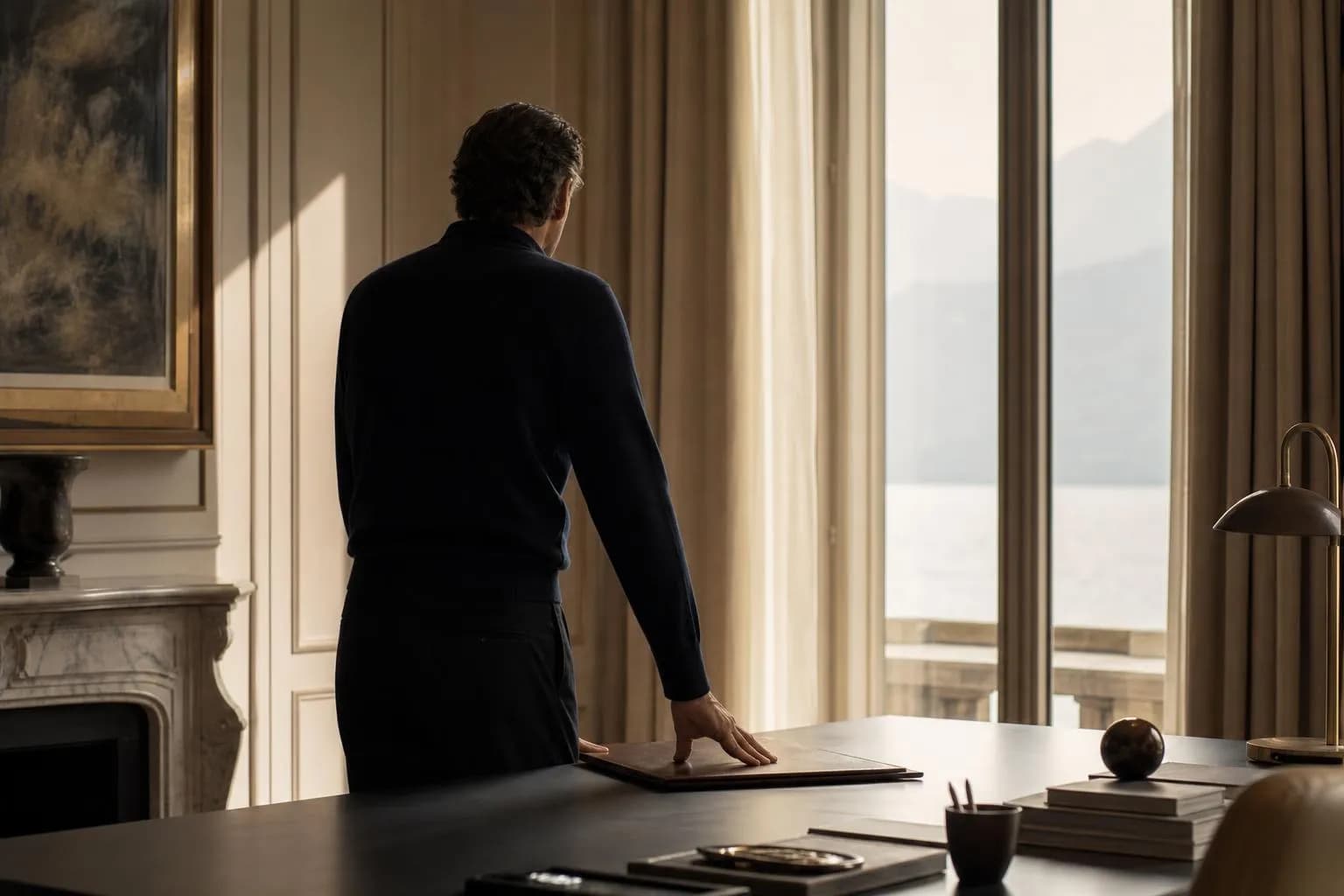 Person at desk holding documents, contemplating financial decision in sunlit study