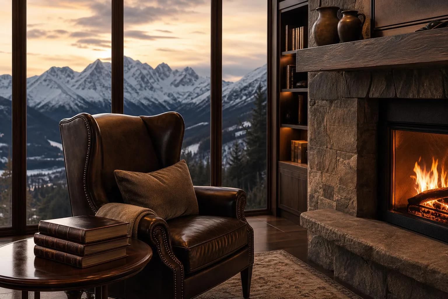 Cozy alpine lodge study with leather furniture, books, and mountain vista at twilight