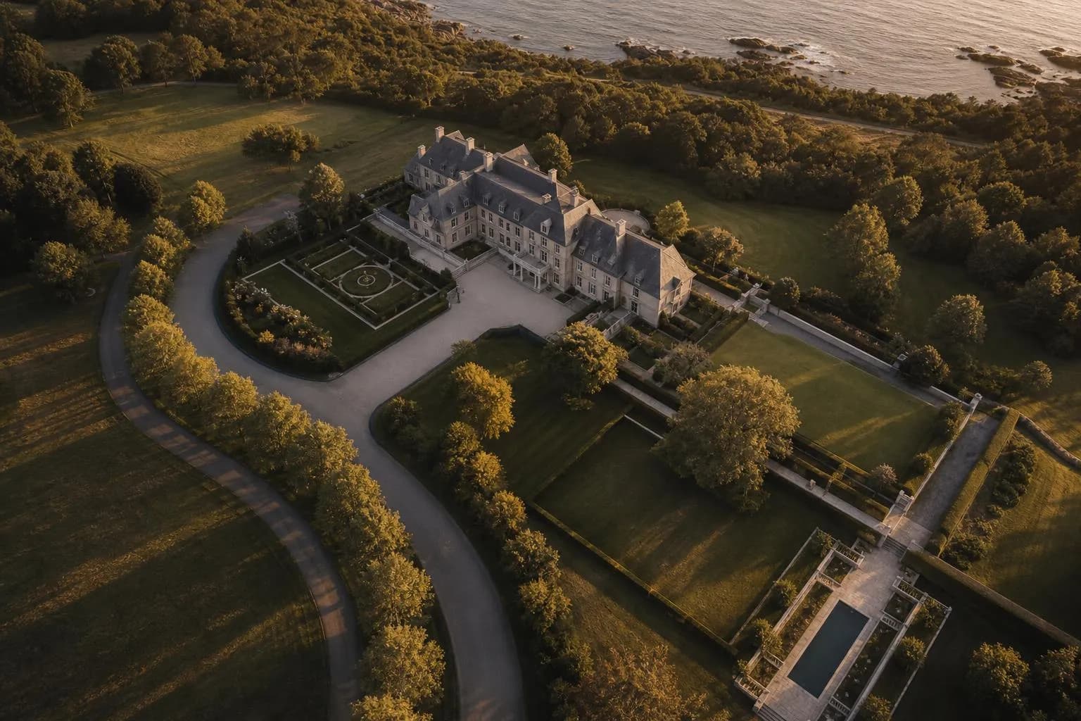 Overhead view of a coastal estate with geometric landscaping, private drive, and ocean beyond at golden hour.